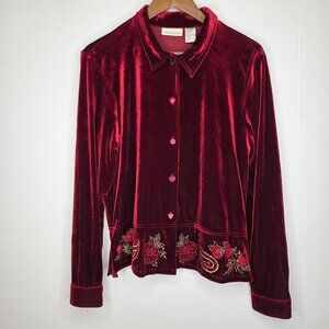 Studio Ease Womens Red Velvet Embroidered Button Up Top Size 10 Vamp Whimsigoth